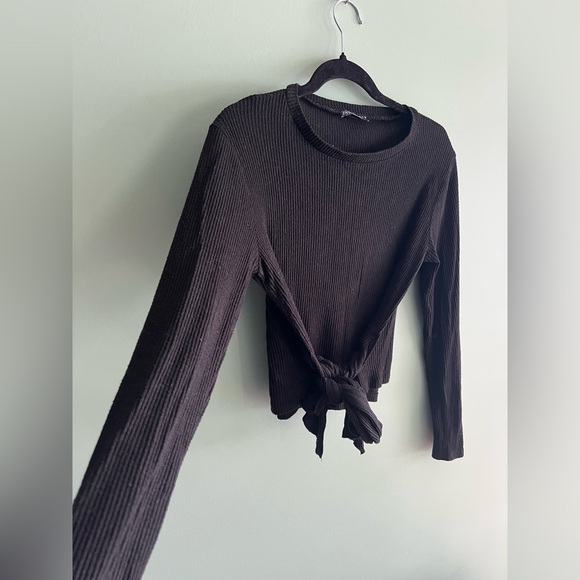 Zara Bow Tie Black Ribbed Long-Sleeve Top - Picture 3 of 7